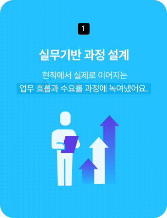1. 실무기반 과정 설계 - 현직에서 실제로 이어지는 업무 흐름과 수요를 과정에 녹여냈어요.